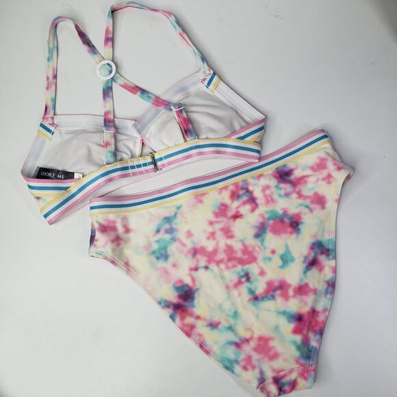Adore Me Gisele Contour Tie Dye Banded Bikini Set High Waisted S/M‎ Pastel Swim - Picture 2 of 8